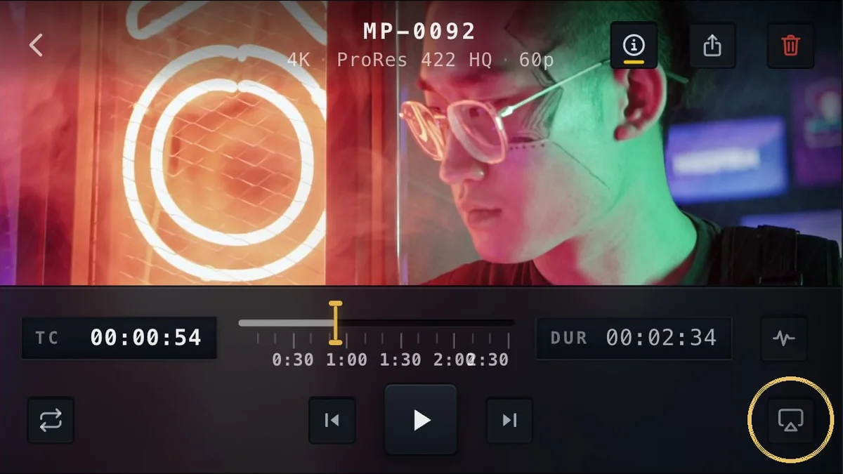 MoviePro's player with the audio-output button, at the right end of the play controls, circled