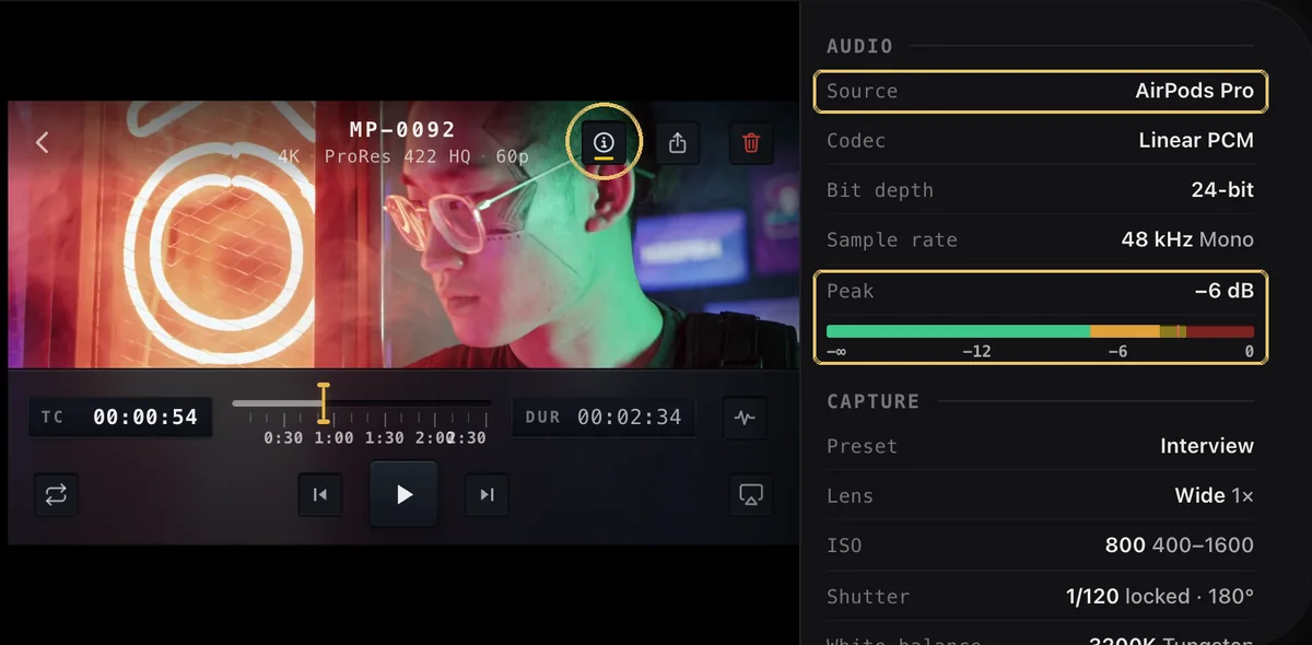 The player's INFO panel open at the Audio section, with the Source row (AirPods Pro) and the Peak level outlined