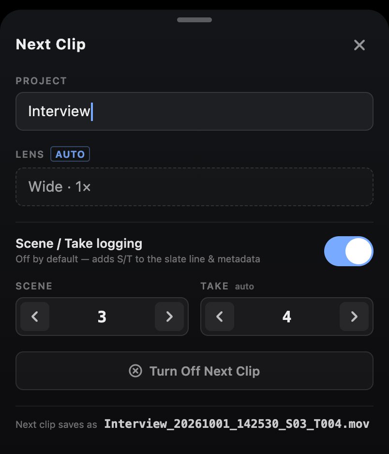 The Next Clip sheet set to project Interview, scene 3, take 4. The last line previews the next file name.