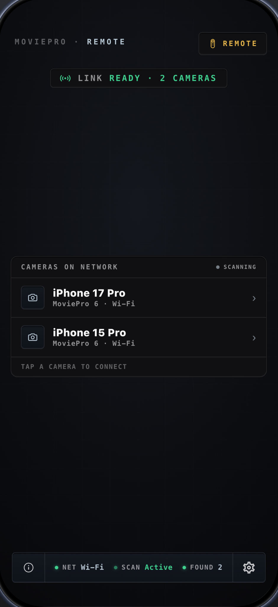 The Remote screen listing two MoviePro cameras found on the local Wi-Fi network, ready to link.