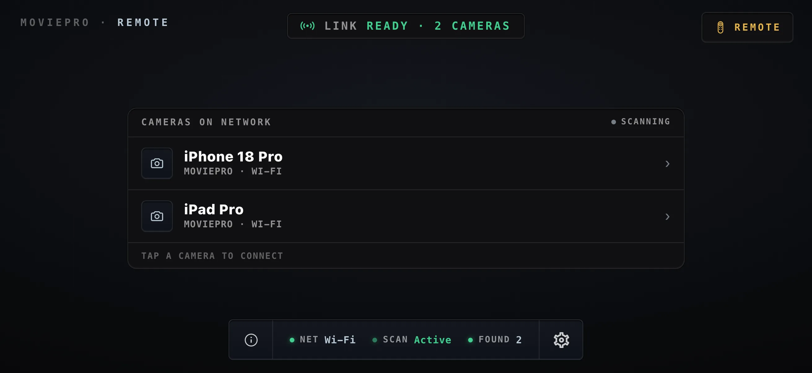The Remote screen in landscape listing two MoviePro cameras found on the local Wi-Fi network, ready to connect.