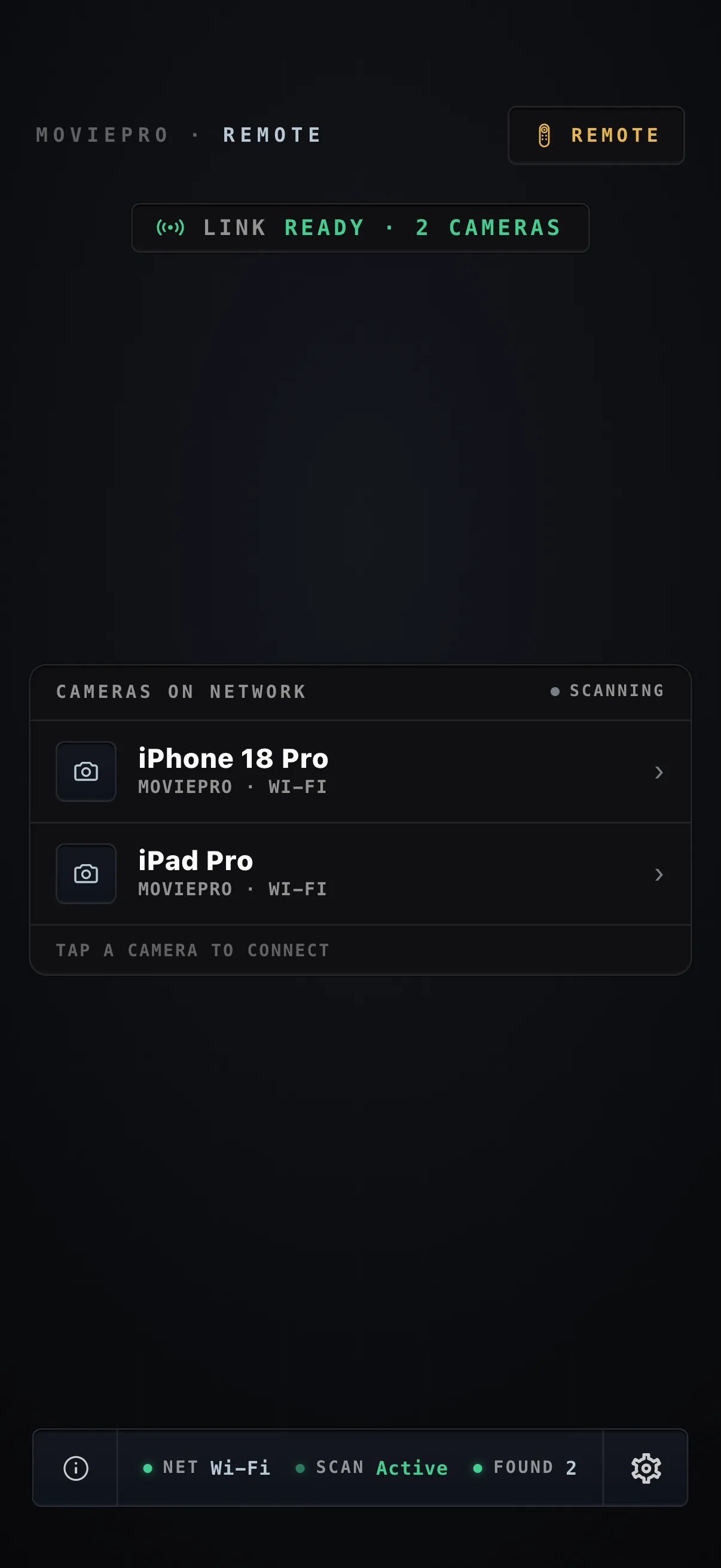 The same Remote screen held upright — the two cameras found on the network, with the link status above and network diagnostics below.
